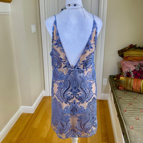 Free People Dress Mini Party Blue Night Shimmers Sequins Plunging V-Neck Glam 10 - Picture 3 of 8